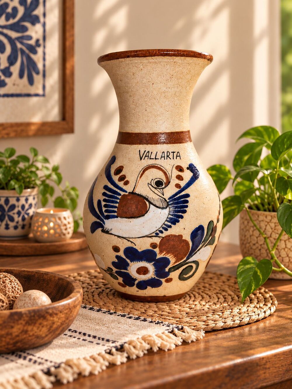 Vintage Vallarta Mexico Hand Painted Folk Art Pottery Vase Bird Floral Signed 9"